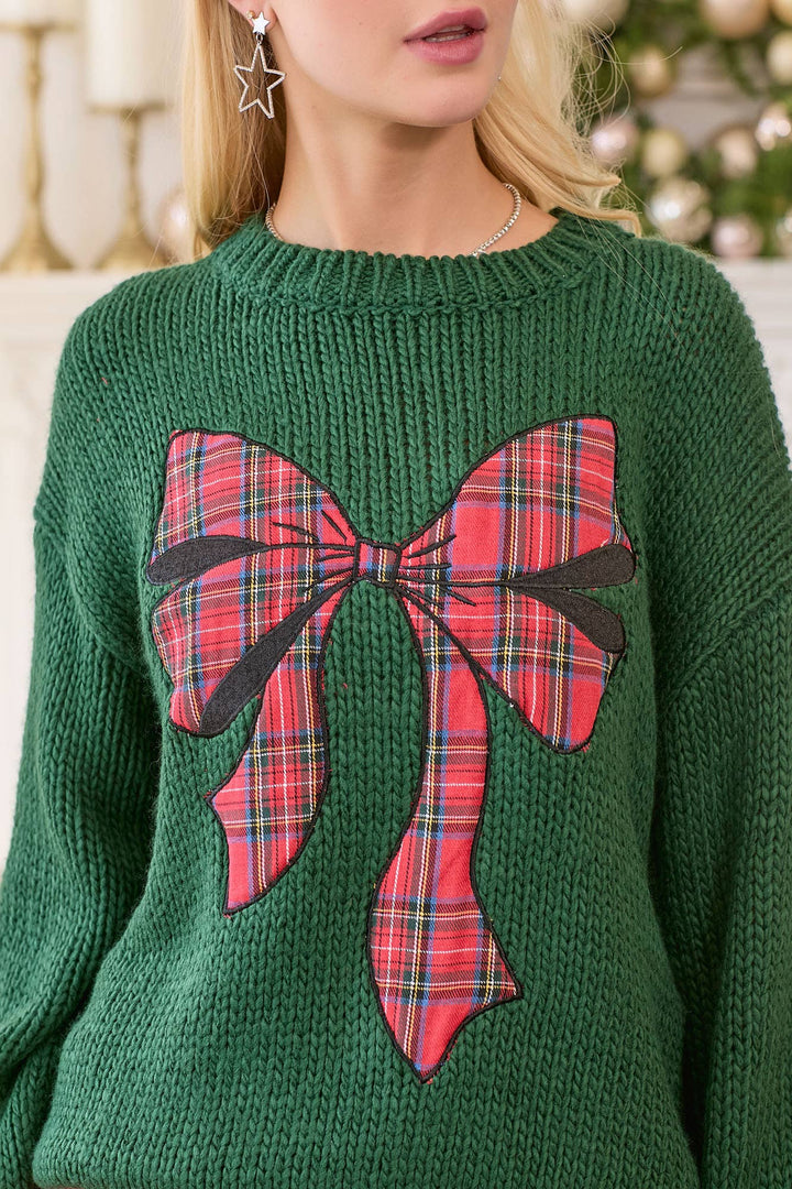 Christmas Sweater With Plaid Ribbon Bow Patch