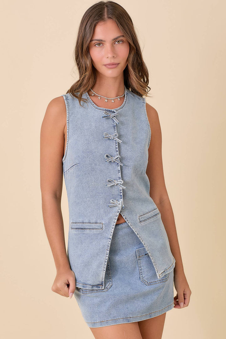 Mini Denim Skort With Front Pocket And Ribbon Bow - Marie Claire's House of Style 