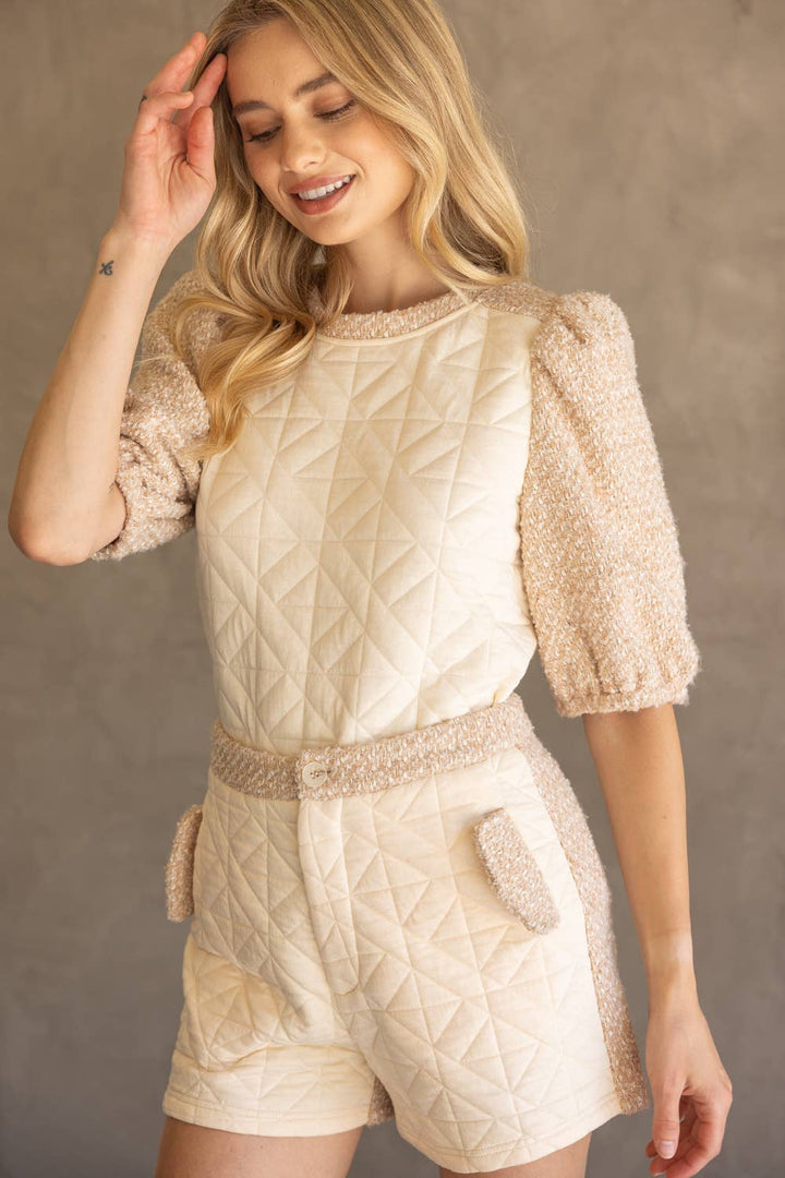 Mix Quilted and Tweed Fabric Half Sleeve Top - Marie Claire's House of Style 