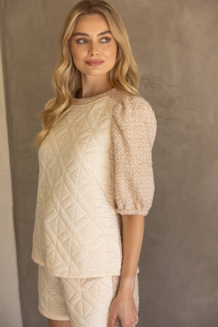 Mix Quilted and Tweed Fabric Half Sleeve Top - Marie Claire's House of Style 