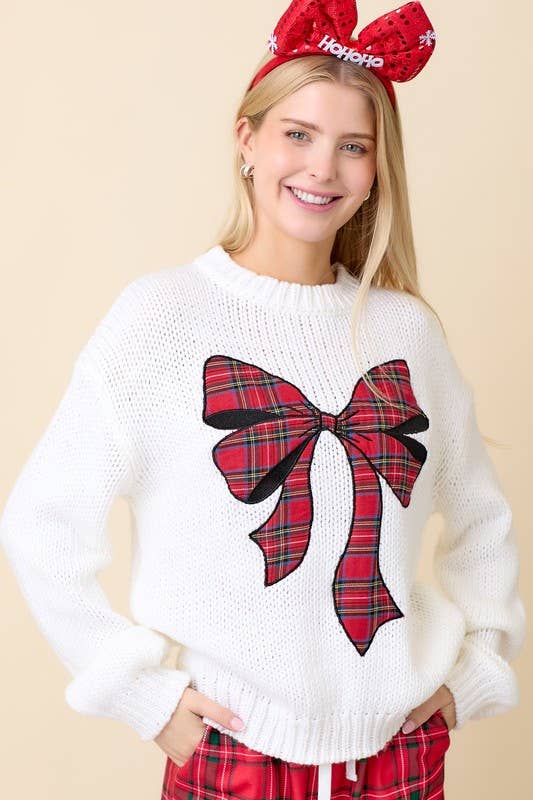 Christmas Sweater With Plaid Ribbon Bow Patch