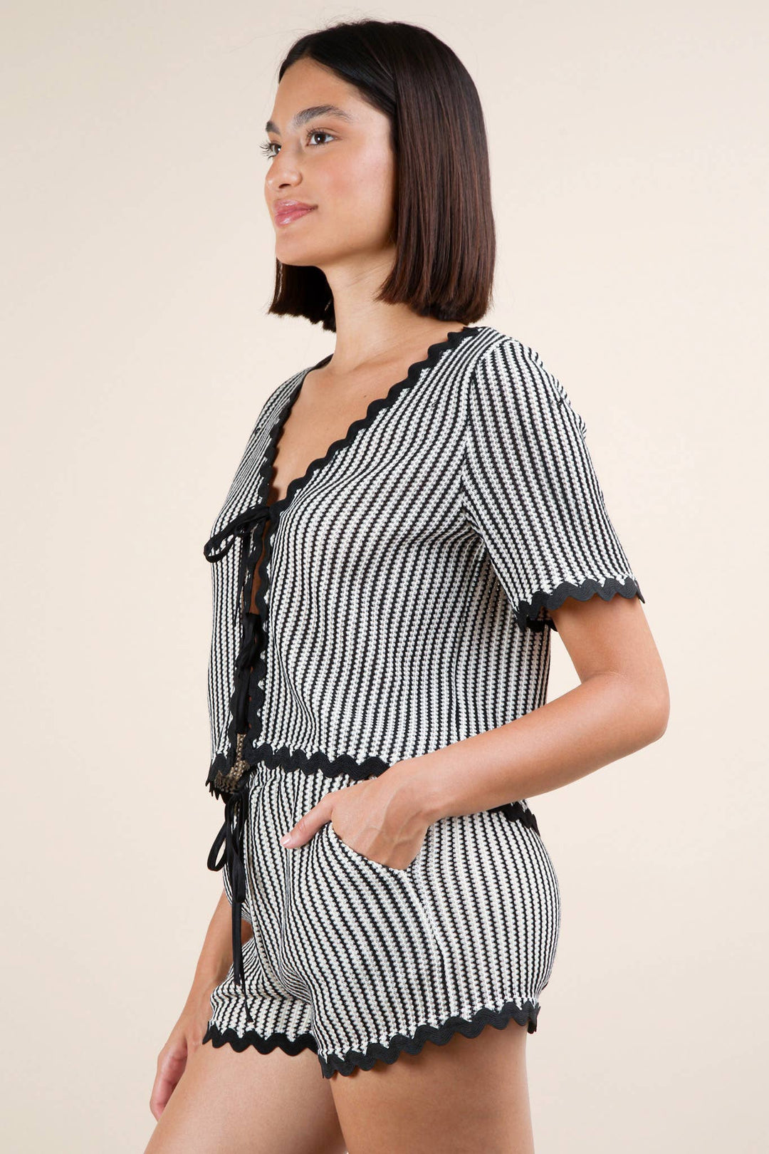 NT12019SET-Wave Trim Detail Knit Top & Shorts Set - Marie Claire's House of Style 