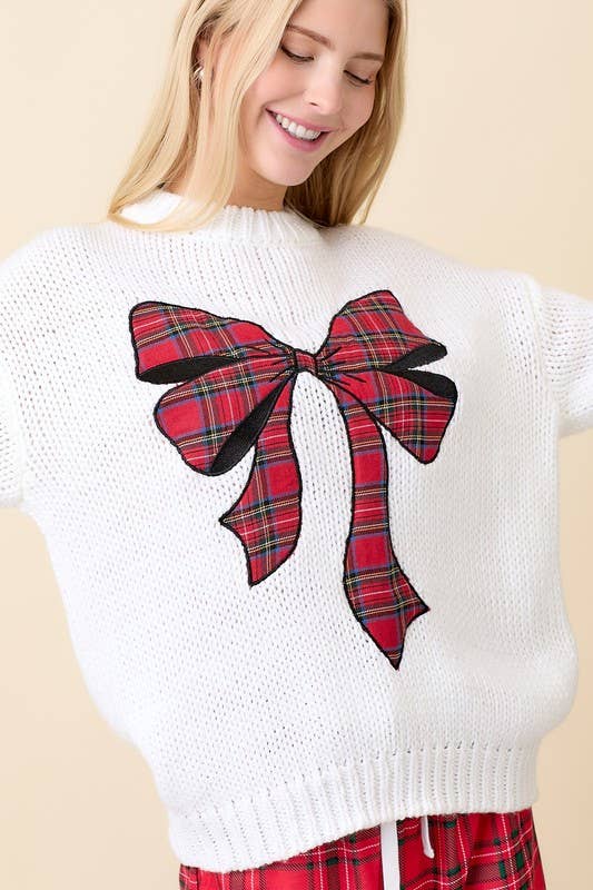 Christmas Sweater With Plaid Ribbon Bow Patch