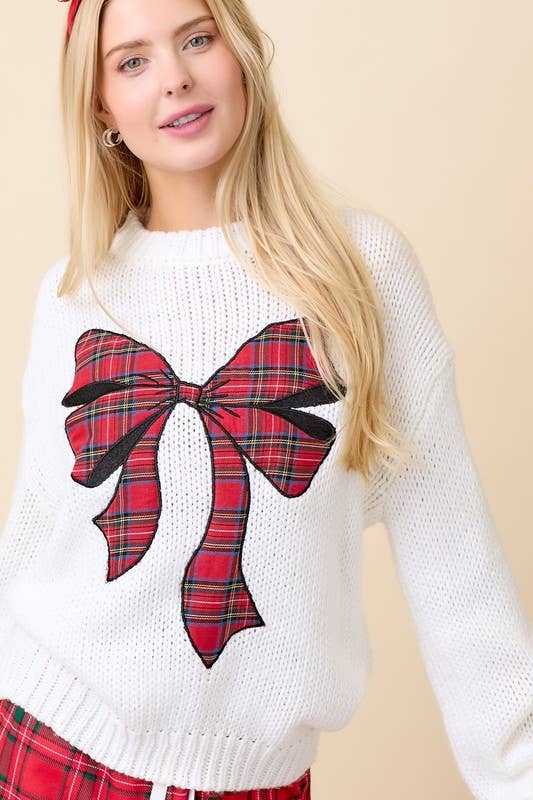 Christmas Sweater With Plaid Ribbon Bow Patch