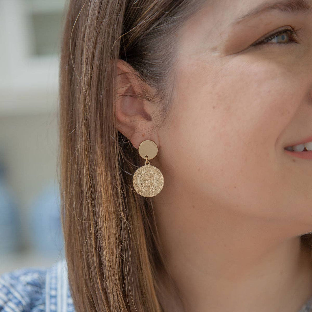 CANVAS Style x MaryCatherineStudio French Coin Drop Earrings in Worn Gold - Marie Claire's House of Style 