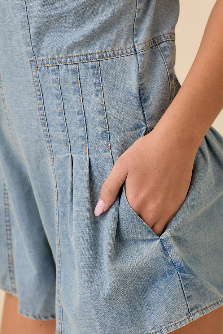 Denim Strap Tie Romper With Ribbon Bow Detailing - Marie Claire's House of Style 