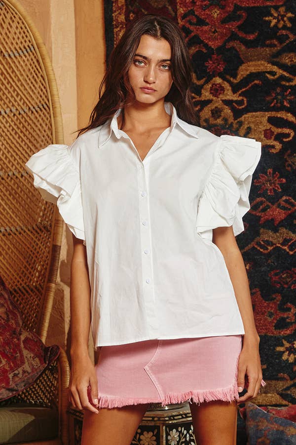 Tiered Ruffle Sleeve Solid Shirt Blouse
