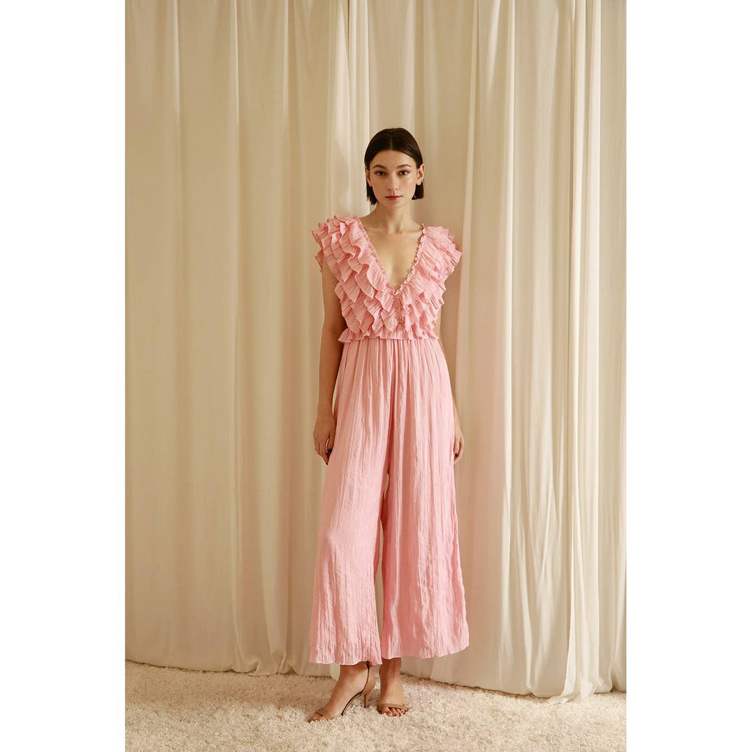 MONOCHROMATIC RUFFLED PRINT JUMPSUIT - Marie Claire's House of Style 