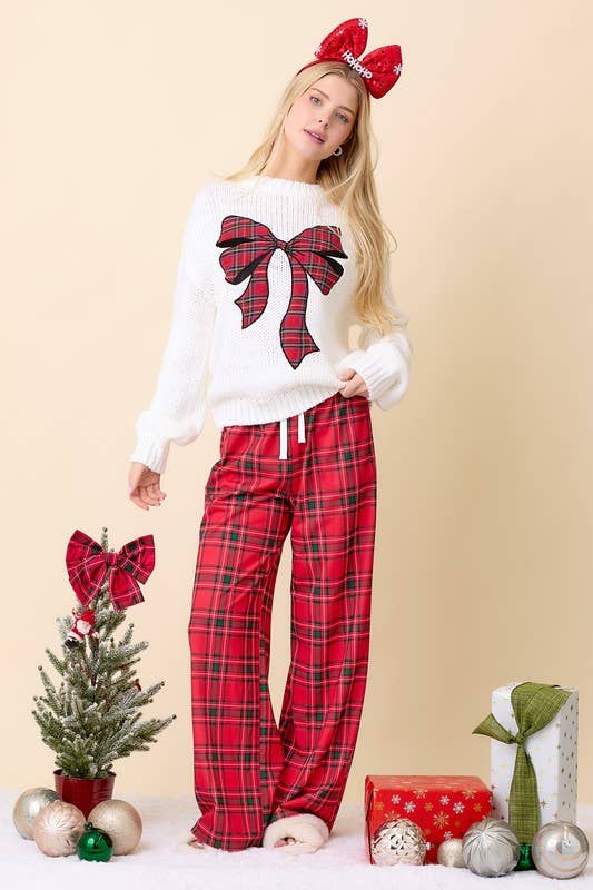 Christmas Sweater With Plaid Ribbon Bow Patch