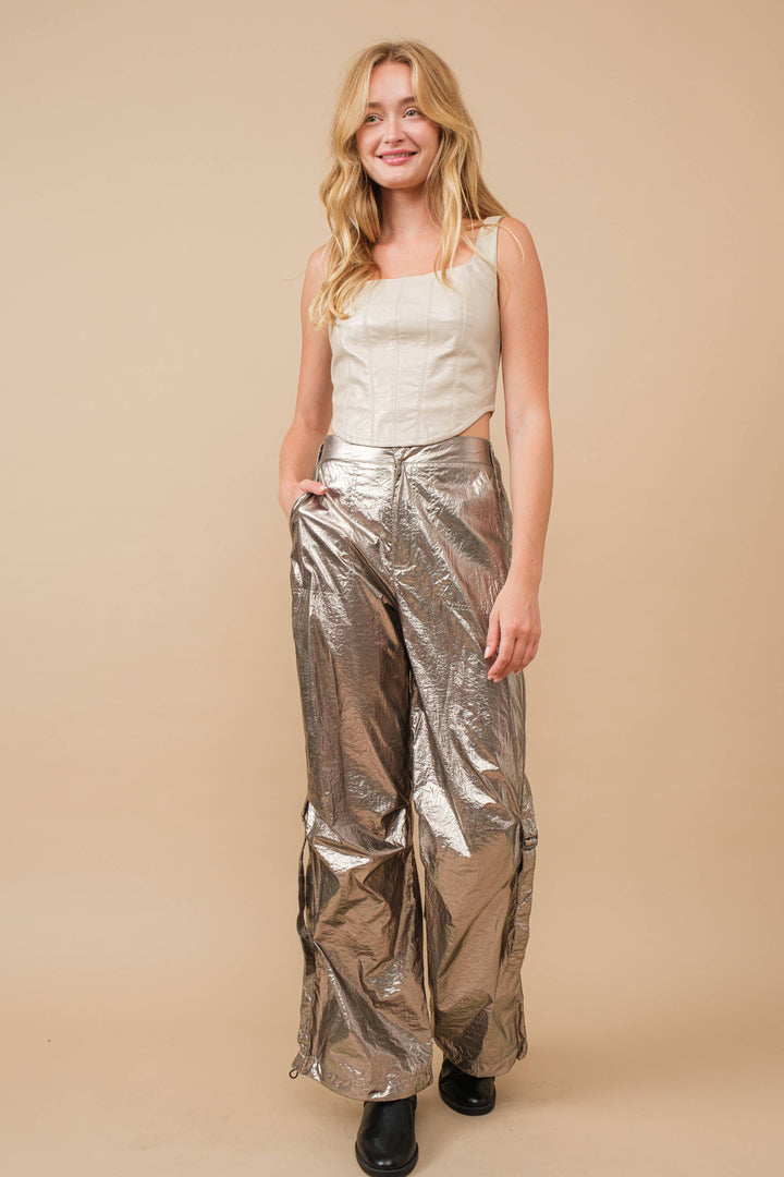 Rimon Shiny Faux Leather Cropped Top