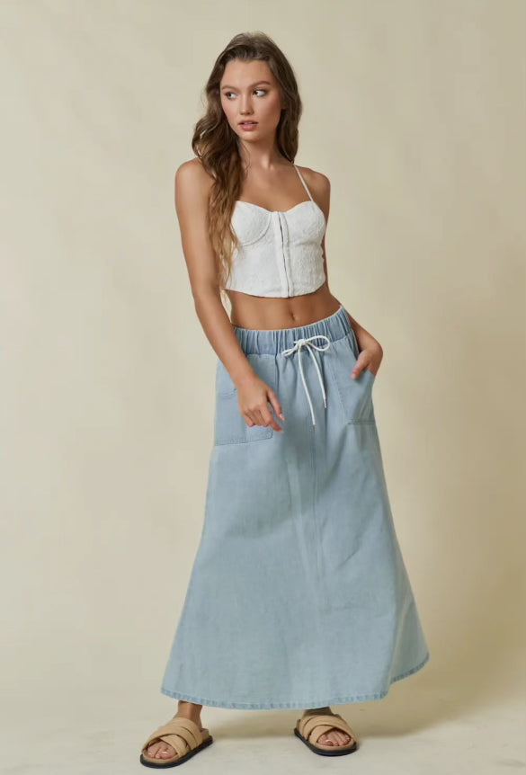 Drawstring Denim Maxi Skirt