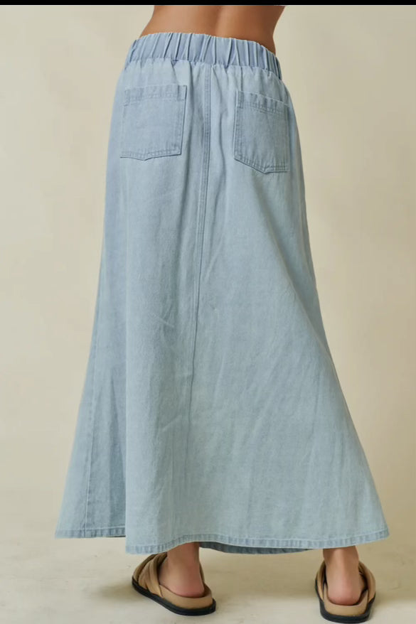 Drawstring Denim Maxi Skirt