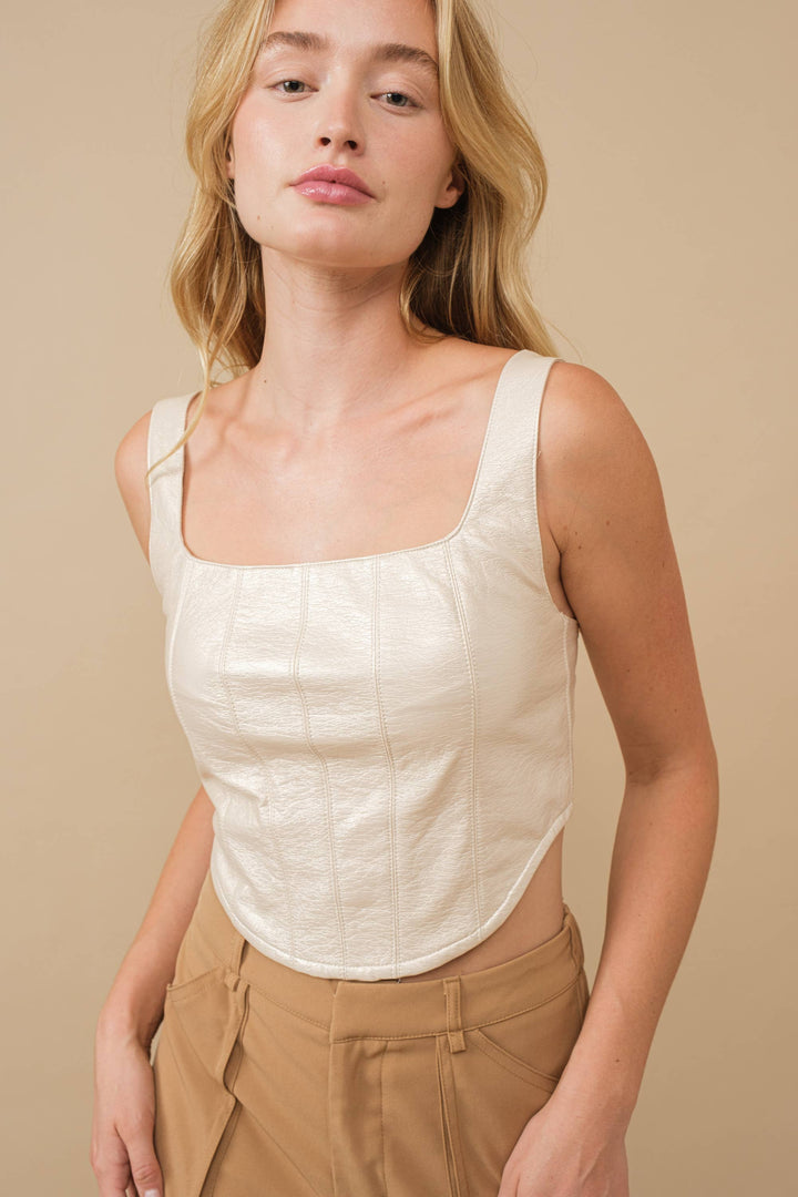Rimon Shiny Faux Leather Cropped Top