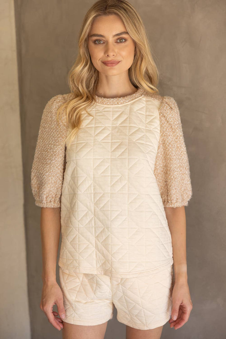 Mix Quilted and Tweed Fabric Half Sleeve Top - Marie Claire's House of Style 