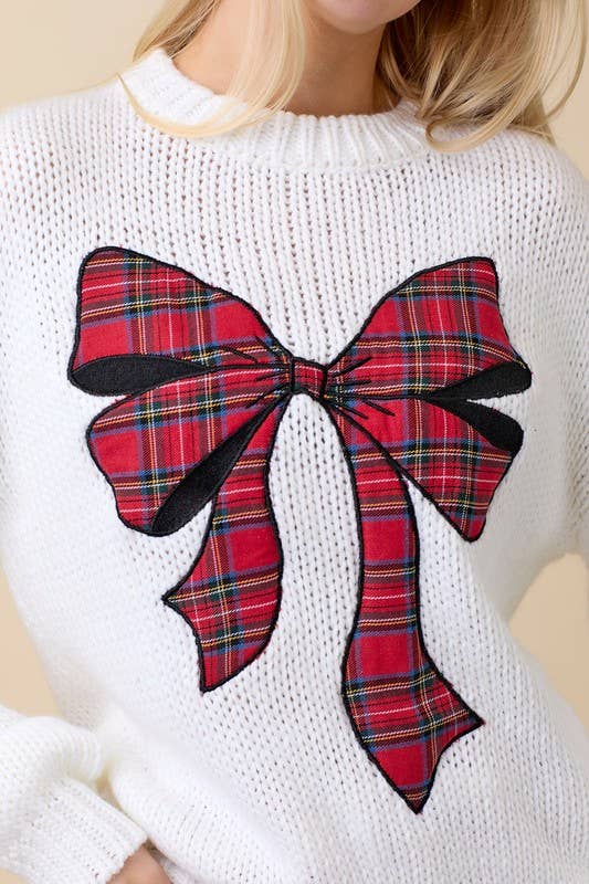 Christmas Sweater With Plaid Ribbon Bow Patch