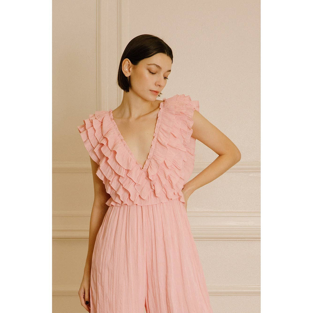 MONOCHROMATIC RUFFLED PRINT JUMPSUIT - Marie Claire's House of Style 
