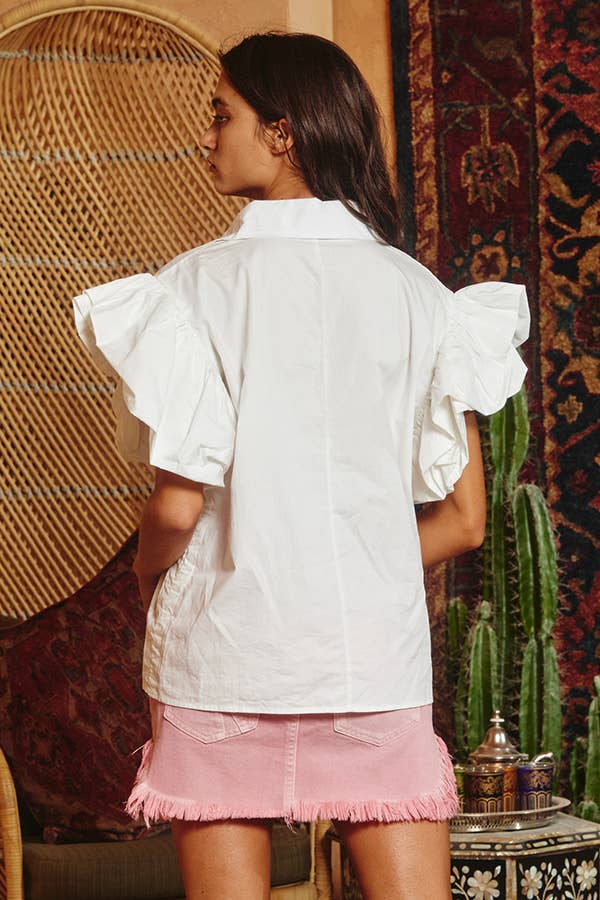 Tiered Ruffle Sleeve Solid Shirt Blouse