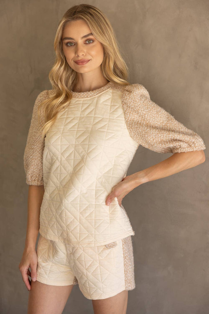 Mix Quilted and Tweed Fabric Half Sleeve Top - Marie Claire's House of Style 