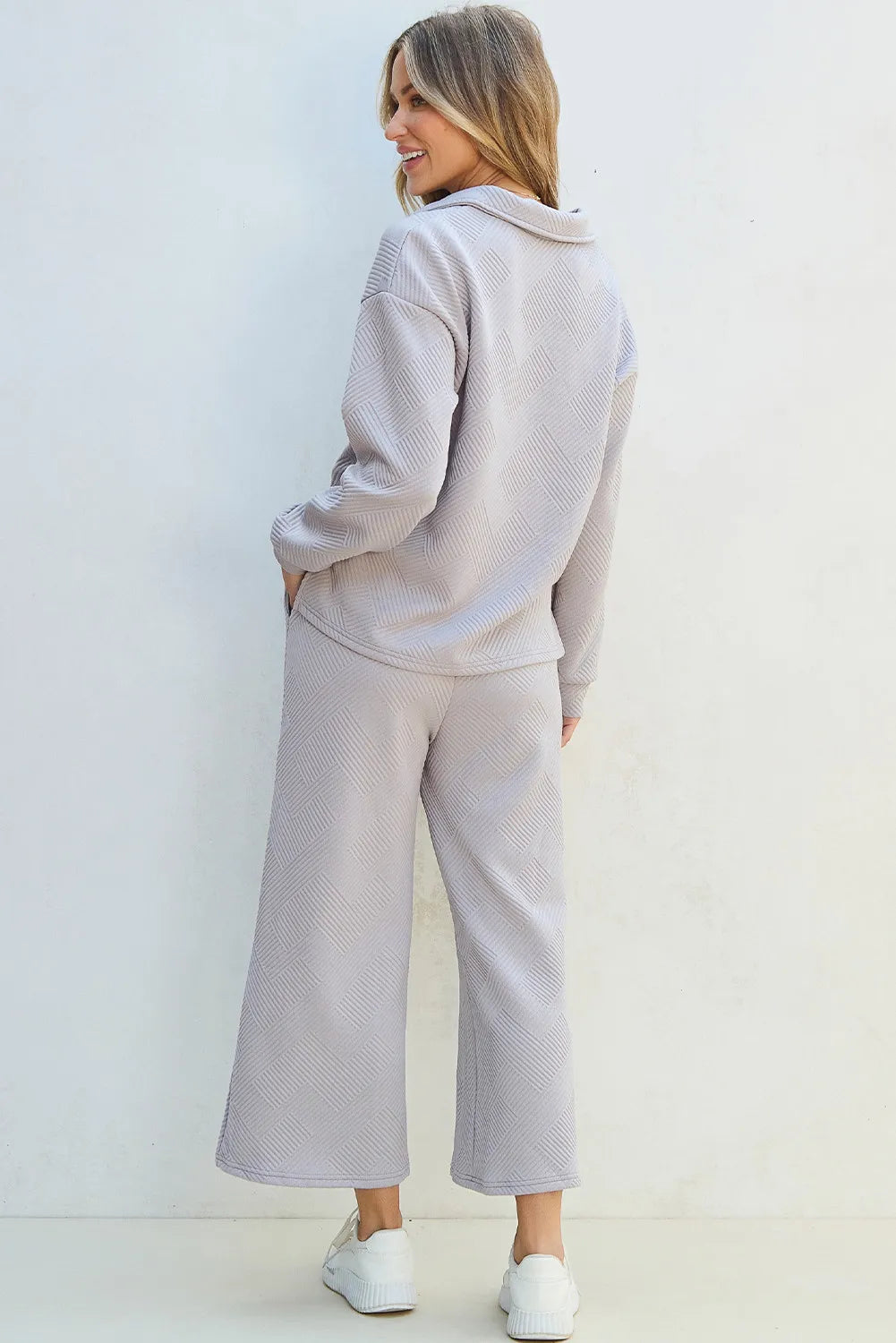 Textured Long Sleeve Top and Drawstring Pants Set