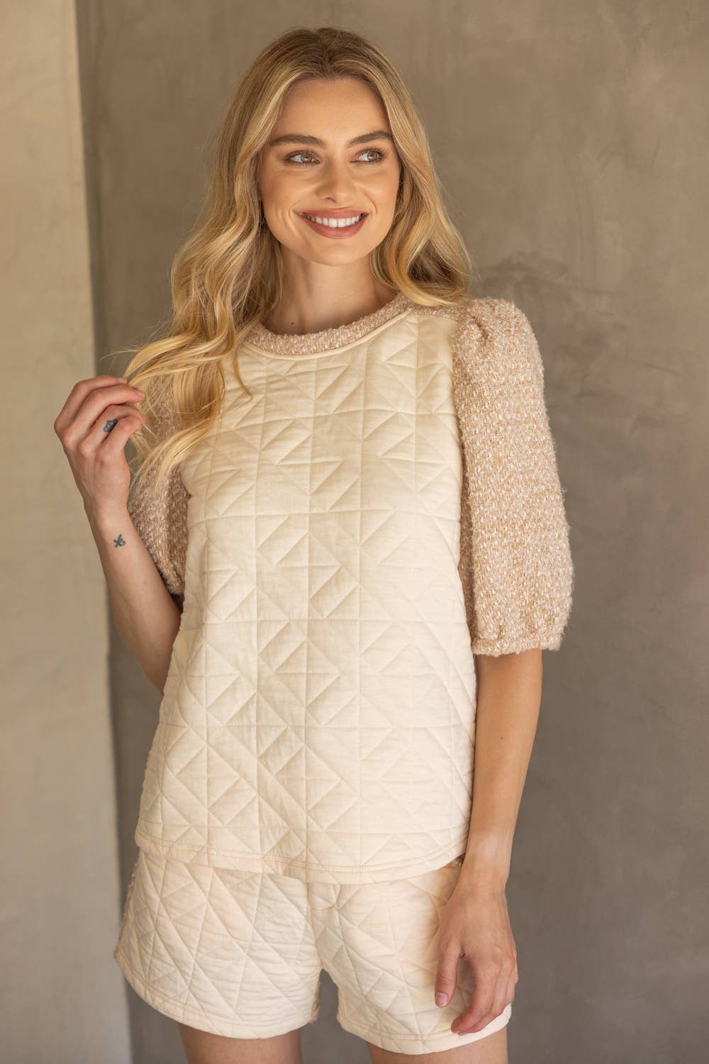 Mix Quilted and Tweed Fabric Half Sleeve Top - Marie Claire's House of Style 