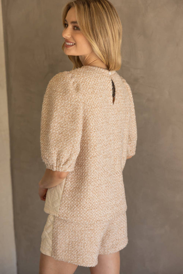 Mix Quilted and Tweed Fabric Half Sleeve Top - Marie Claire's House of Style 