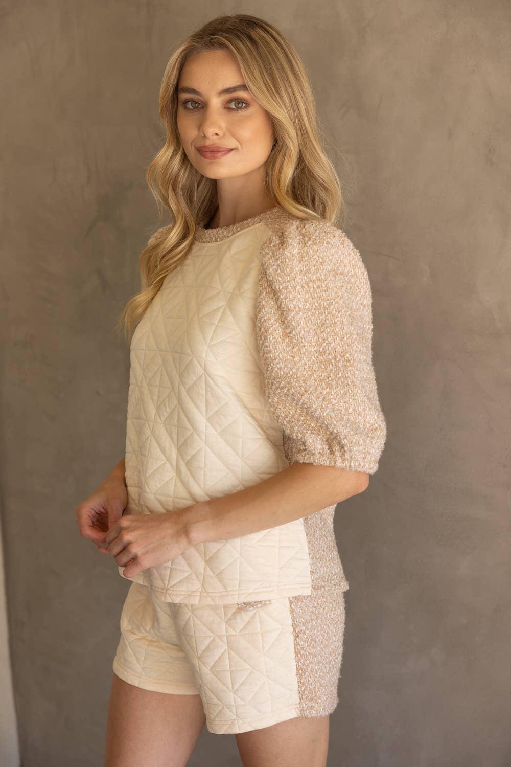 Mix Quilted and Tweed Fabric Half Sleeve Top - Marie Claire's House of Style 