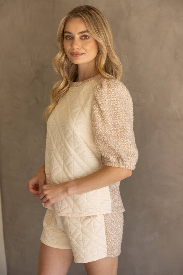 Mix Quilted and Tweed Fabric Half Sleeve Top - Marie Claire's House of Style 