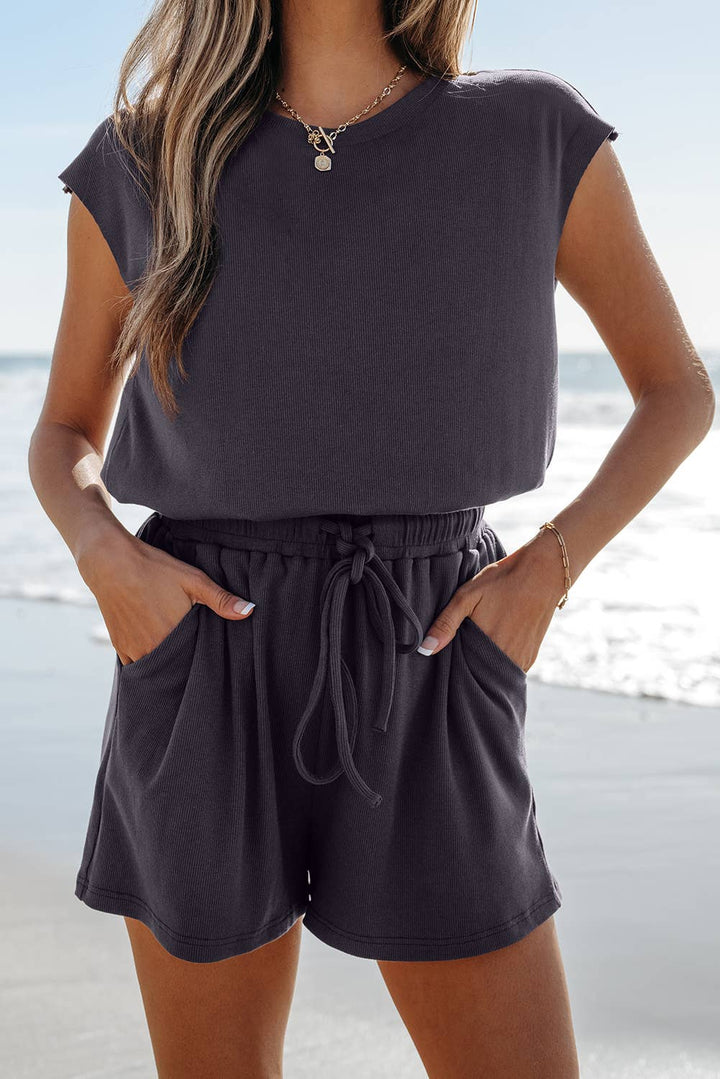 Open Back Cap Sleeve Drawstring Knit Romper | S-XL - Marie Claire's House of Style 