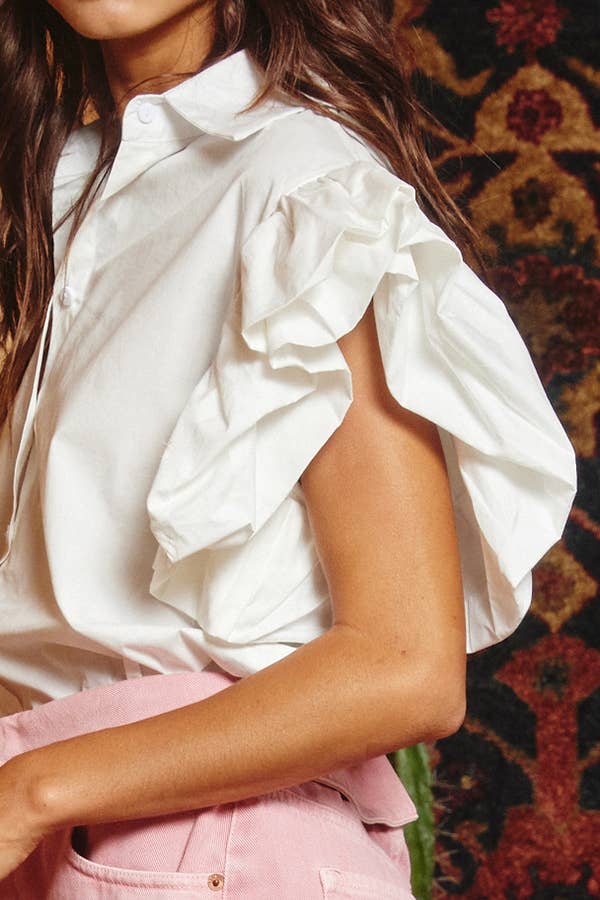 Tiered Ruffle Sleeve Solid Shirt Blouse