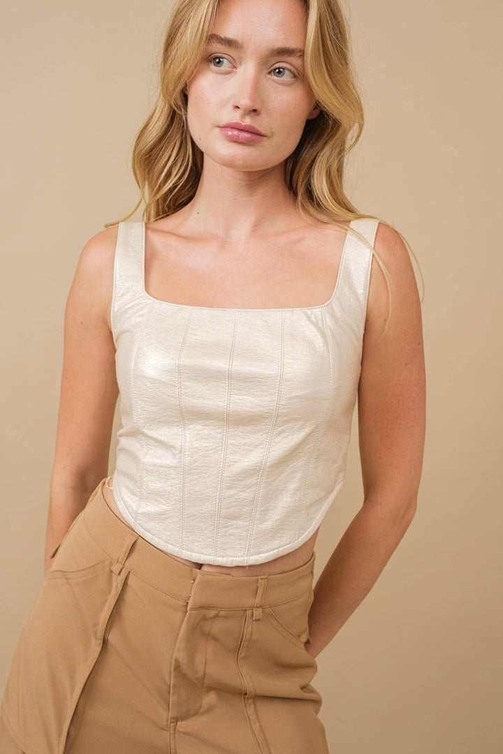 Rimon Shiny Faux Leather Cropped Top